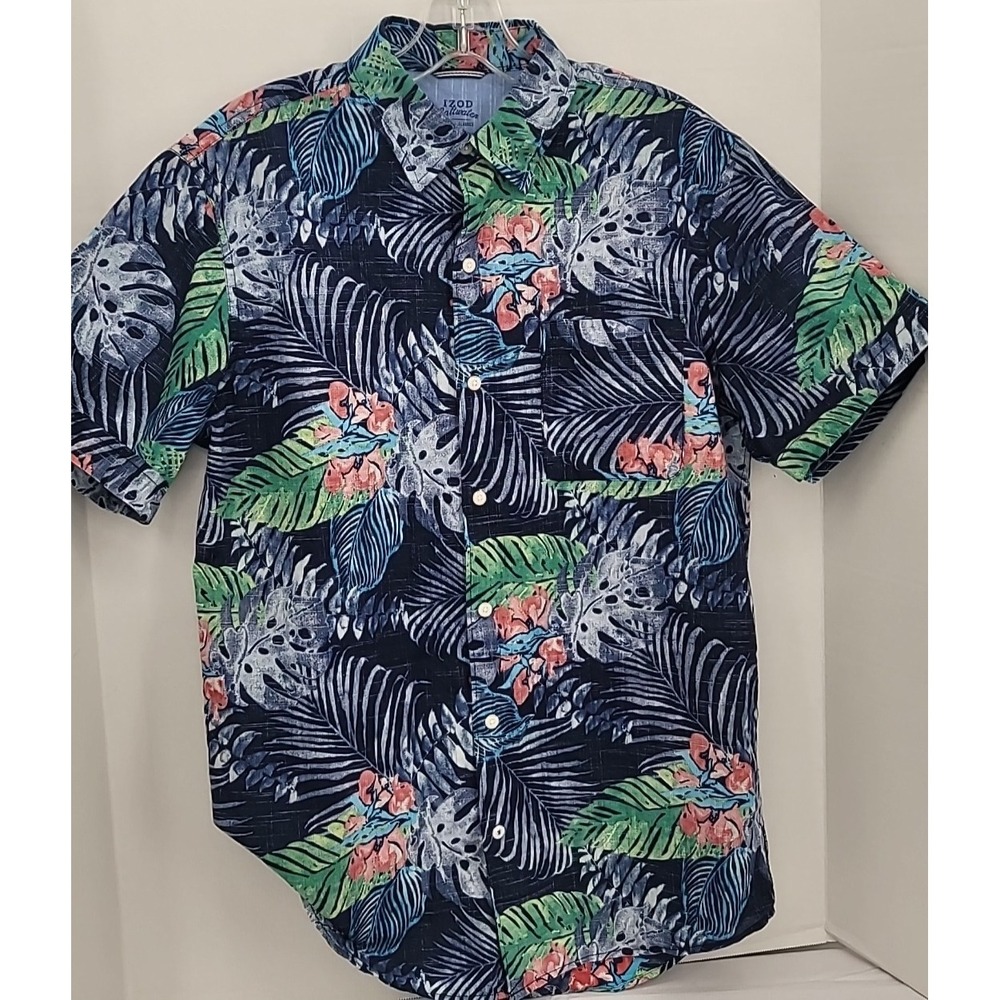 IZOD Saltwater Cotton Men M Shirt Hawaii Tropical Palm Beach Resort Boho Vacay